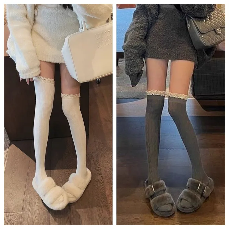 白色ins风中筒秋冬性感长筒灰色简约小腿袜显瘦ins过膝棉袜高筒