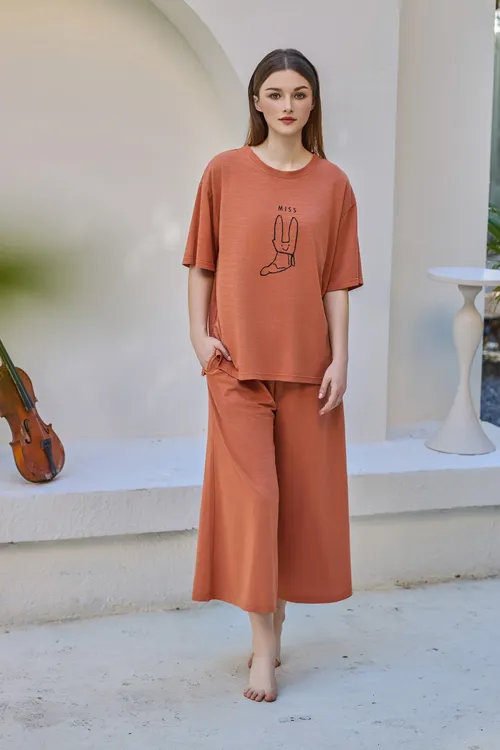 RUSIFEN/汝斯芬【商场同款】针织纯棉仿麻工艺家居服套装睡衣