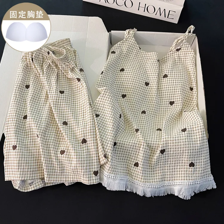 韩系ins风简约带胸垫睡衣女夏季甜美流苏爱心吊带短裤家居服套装