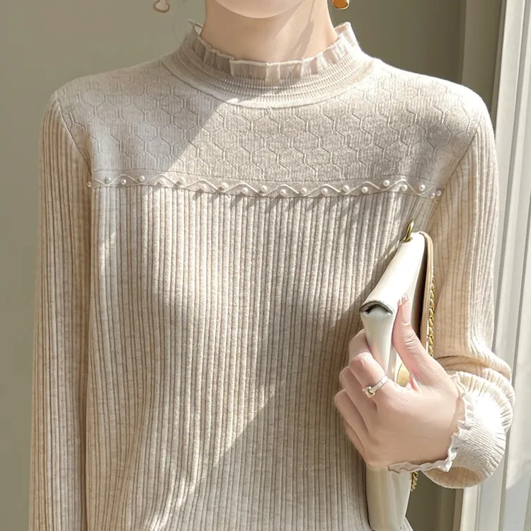 半高领蕾丝花边针织打底衫女秋冬新款修身显瘦内搭长袖毛衫上衣