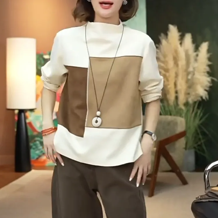 设计感时尚宽松显瘦休闲上衣秋冬大码女装韩系拼色长袖半高领T恤