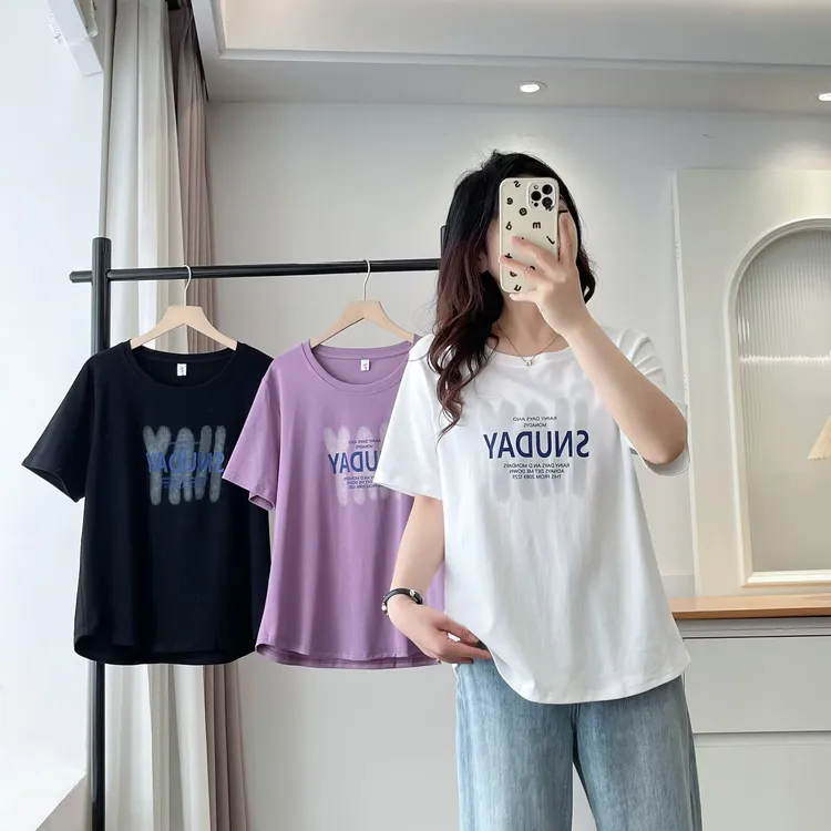 YANUJIAO/雅奴嬌印花短袖休闲V领吸汗大码胖mm宽松T恤女简约时尚