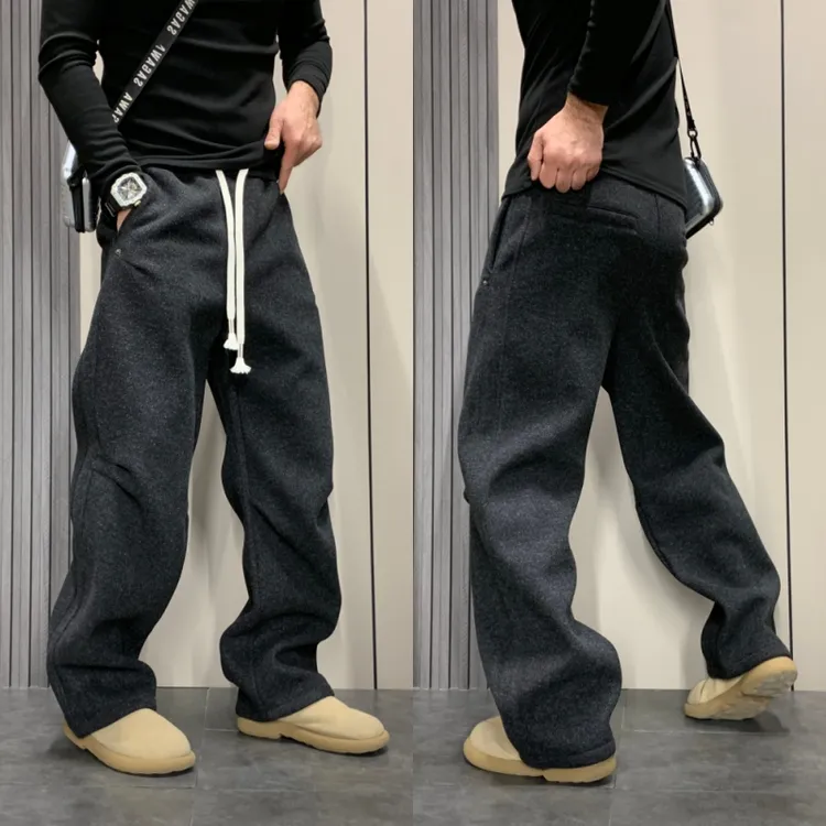 立体裁剪抽绳阔腿裤弯刀裤男生慵懒风潮流百搭直筒宽松水洗运动裤