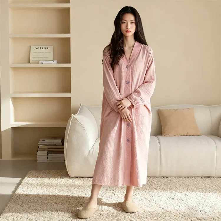 云朵棉睡裙女春秋季长袖睡衣开衫简约高级感中长款睡袍宽松家居服