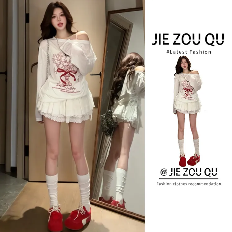 MARIE.COCO涂鸦斜肩T恤防晒罩衫女春夏薄款上衣蓬松气质短裙套装