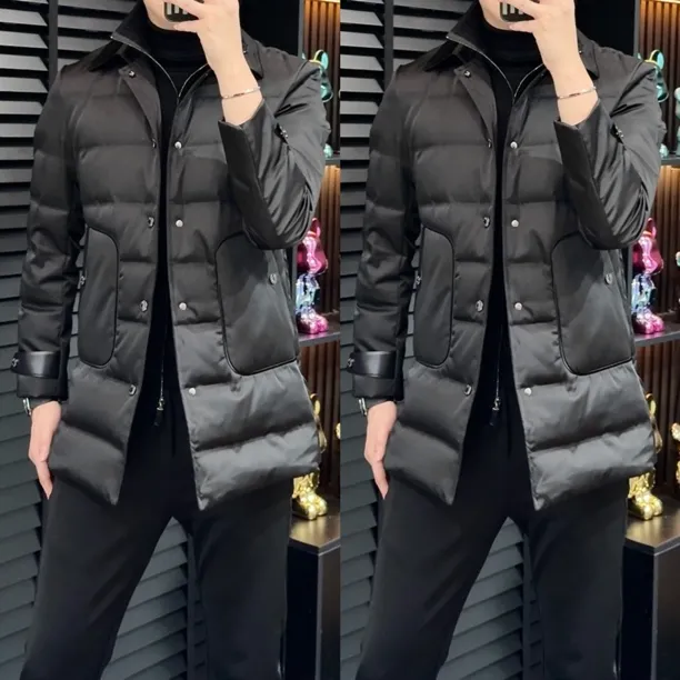 小雨男装｜高奢品·鹅绒·桑蚕丝缎面假两件鹅绒拼皮羽绒大衣（活领）