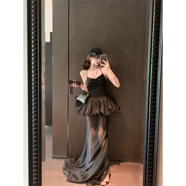 夏季新款休闲百搭时尚小众设计感花苞拼接吊带连衣裙收腰气质长裙