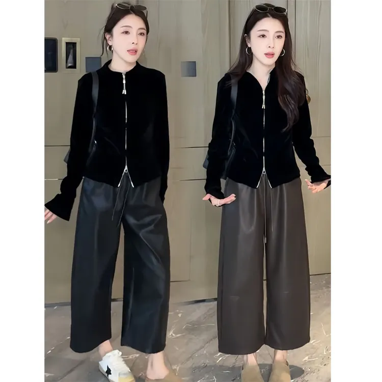洋气百搭双拉链丝绒外套pu皮裤两件套女宽松百搭今年流行一整套潮