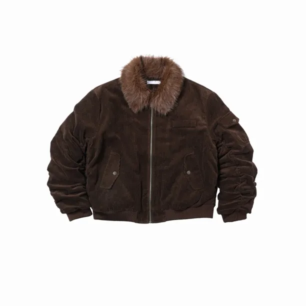 YYCES 水洗做旧灯芯绒飞行夹克可拆卸二合一毛领bomber棉服外套