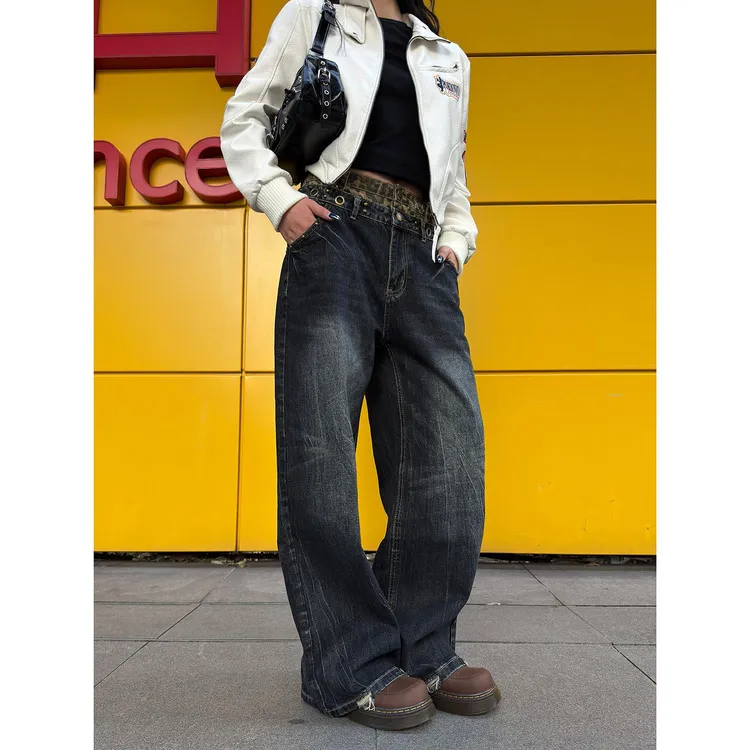 Musini美式水洗豹纹拼接双腰头撞钉牛仔裤男女同款宽松直筒阔腿裤