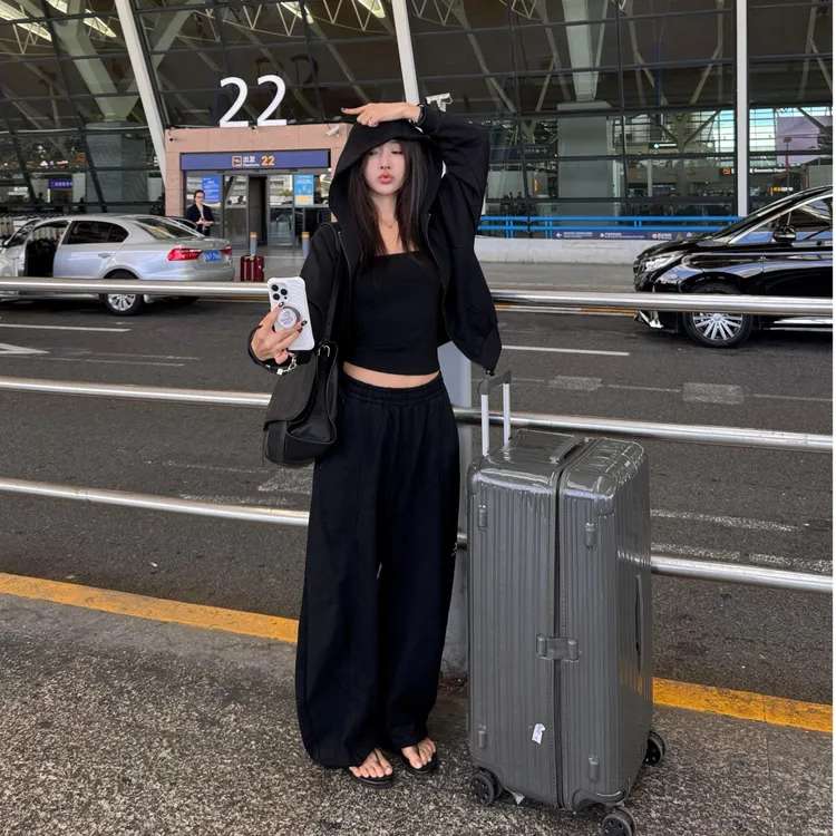 美式街头连帽开衫卫衣套装女秋冬韩版宽松慵懒风休闲阔腿裤两件套