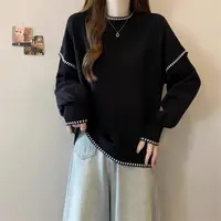 大码设计感休闲撞色针织打底衫女秋季胖MM显瘦宽松遮肉慵懒风毛衣