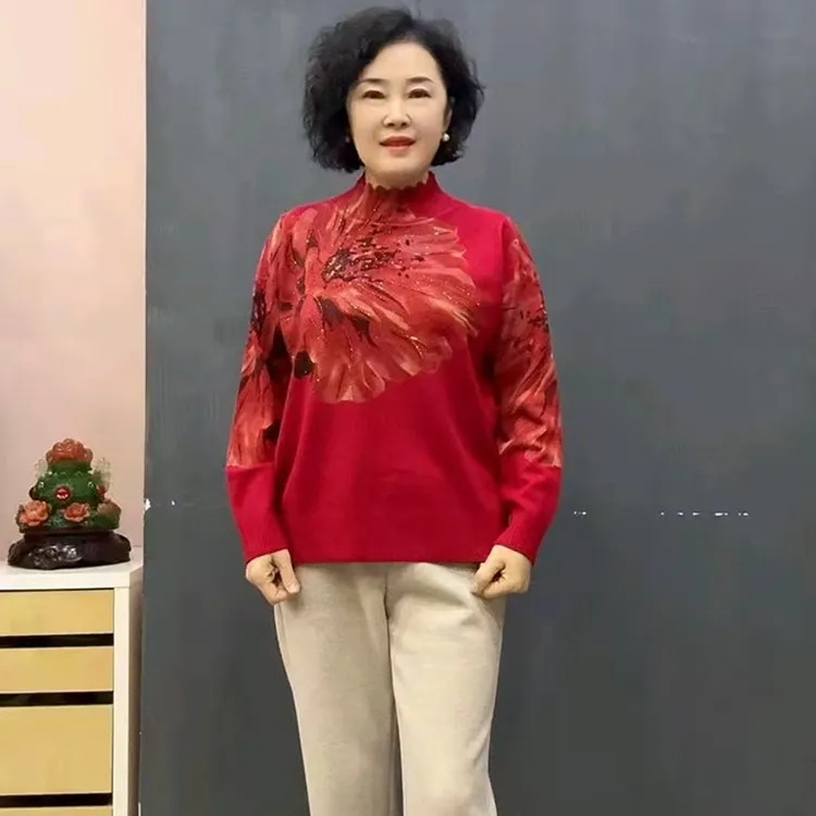 秋冬针织衫半高领新款百搭毛衣印花打衫底妈妈宽松中老年上衣内搭
