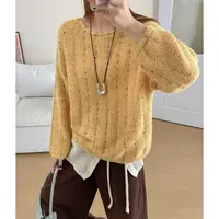 时尚彩色球球亮片卷边毛衣女秋冬季韩版一字领慵懒风针织衫