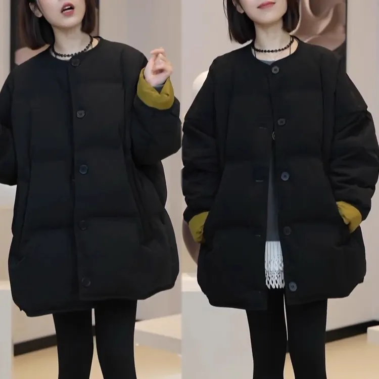 2025冬季新款加厚韩版纯色设计外套时尚简约通勤风中长款休闲棉衣