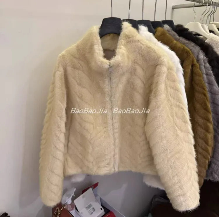 人造皮草 金叶貂环保皮草外套女2025冬季立领斜纹毛毛外套