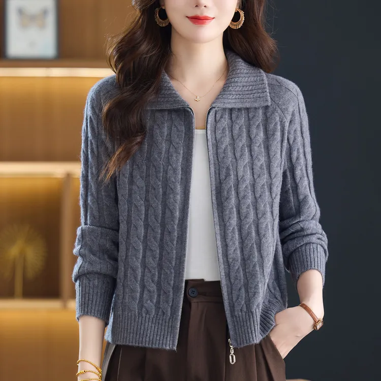 翻领针织开衫女拉链衫春秋新款洋气时尚气质长袖短款外搭宽松毛衣