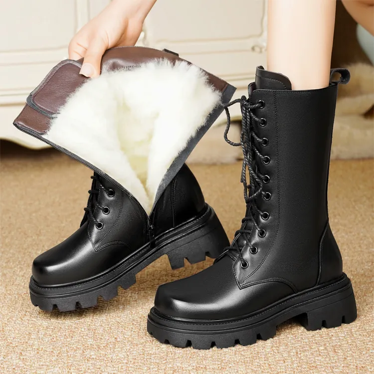 头层牛皮羊毛女靴子真皮毛一体马丁靴冬季加绒加厚棉靴保暖中筒靴
