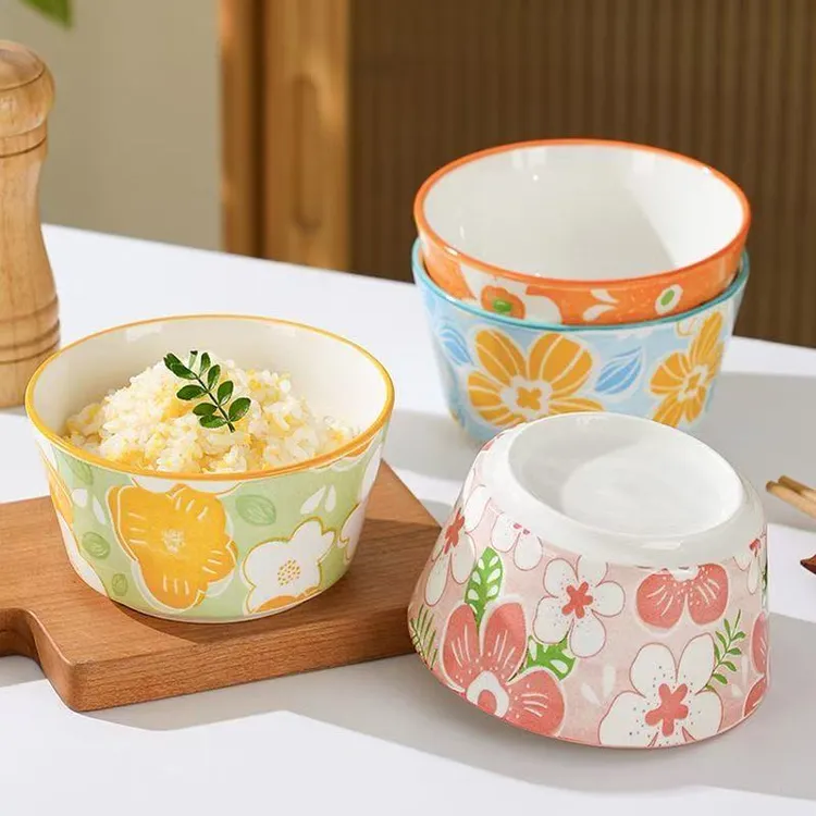 四色各一四季花漾4.8英寸米饭碗釉下彩餐具创意