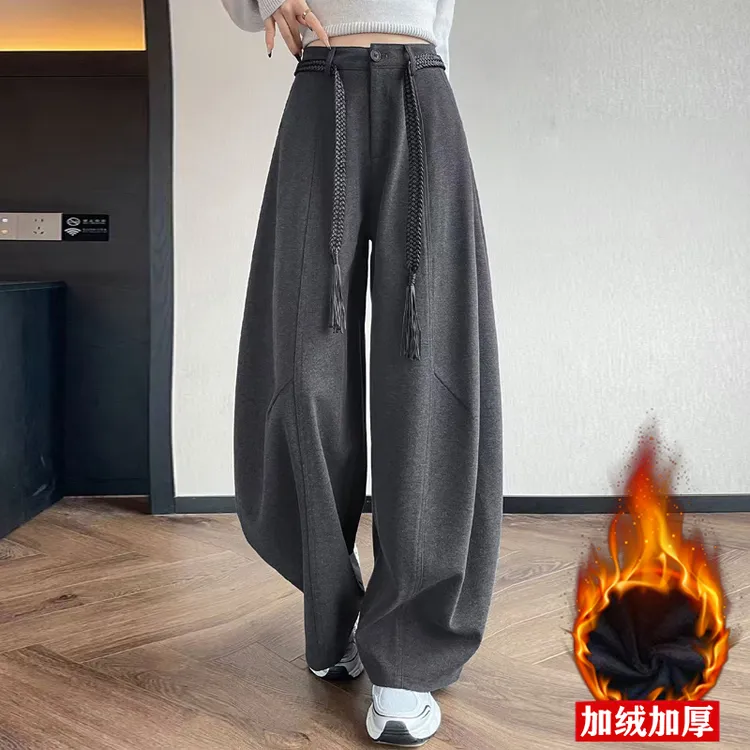 2025秋冬加绒毛呢弯刀阔腿裤女高级感垂感窄版镰刀西装裤保暖裤子