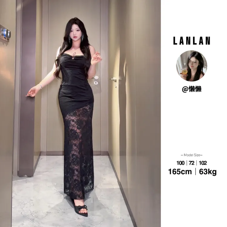Lanlan-【午夜缪斯】法式气质时尚黑色蕾丝吊带连衣裙显瘦收腰长裙