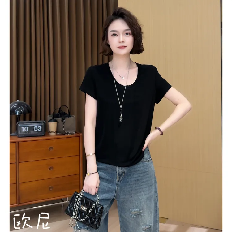 欧尼私服 2025夏新款中缝线醋酸T圆领凉感上衣2506C3417