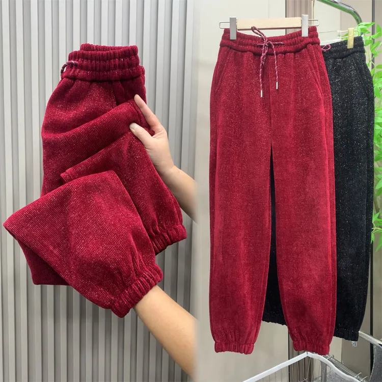 加绒加厚红色休闲裤子女秋冬季2025新款韩版修身高腰亮闪闪束脚裤