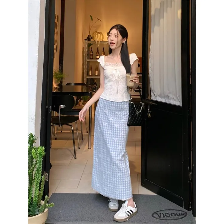 夏季蓝色格纹蕾丝修身显瘦半身裙蝴蝶V领短袖显瘦上衣女士两件套