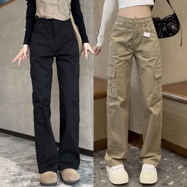 卡其色窄版美式工装裤女秋季新款高腰显瘦梨形身材遮胯休闲运动裤