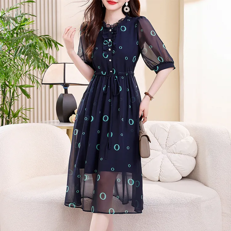 高级感时尚气质印花收腰显瘦连衣裙2025新款减龄五分袖裙子夏季女