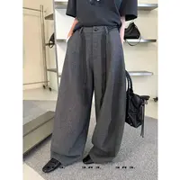 复古高级感灰色毛呢阔腿裤女秋冬新款高腰显瘦弯刀休闲裤(送腰带)