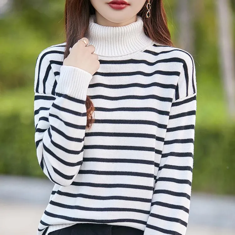 纯棉线黑白条纹高领毛衣女2025秋冬打底针织衫加厚宽松全棉线上衣