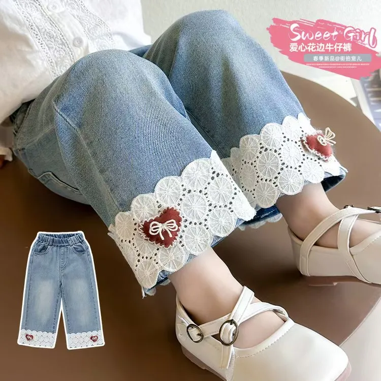 女童牛仔裤2025新款儿童春秋装洋气花边直筒裤子小女孩春季休闲裤