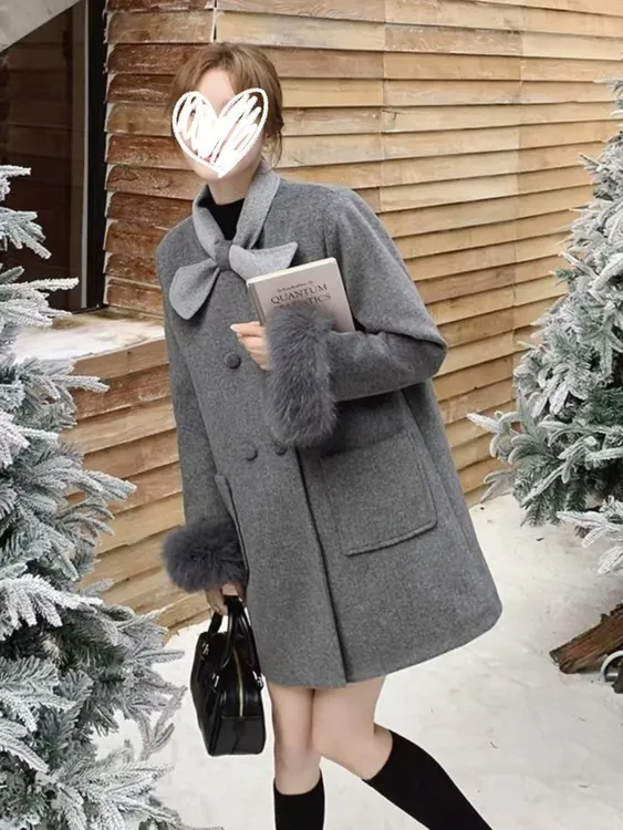 大码女装秋冬立领宽松型厚款拼接纯色女显瘦中长款宽松毛呢外套