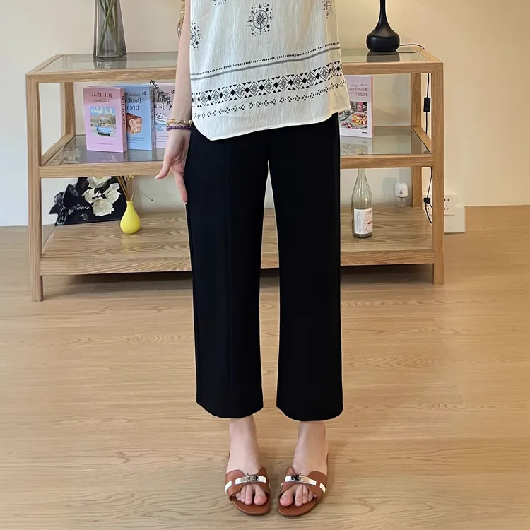黑色弹力显瘦休闲裤女夏季薄款透气凉感小个子裤脚开叉九分直筒裤