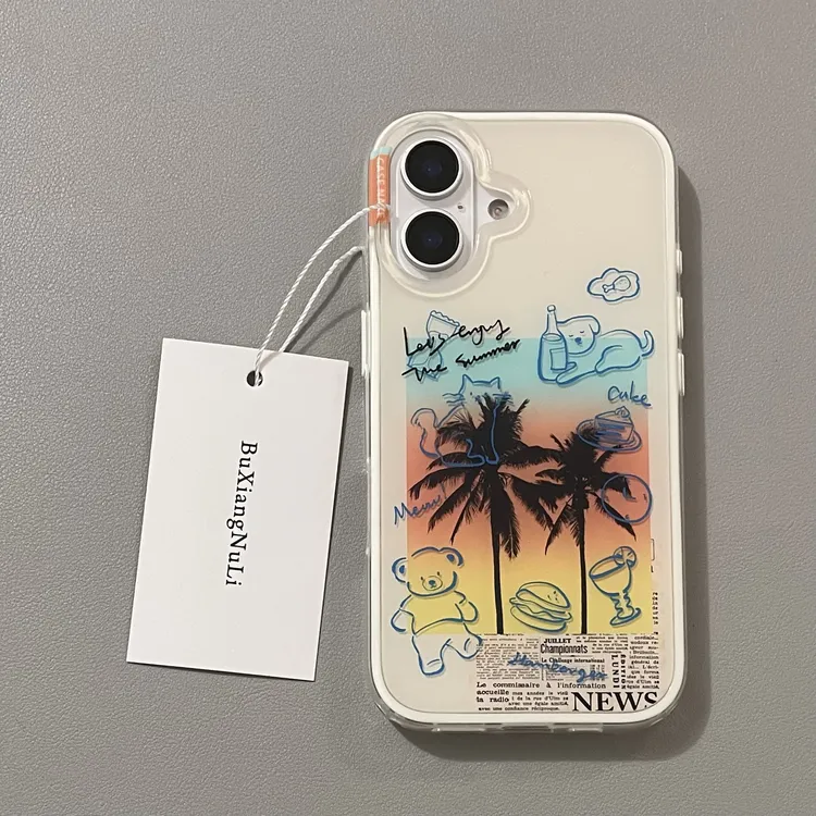 ins夕阳椰树涂鸦小动物美食适用苹果16手机壳iPhone15全包14/13