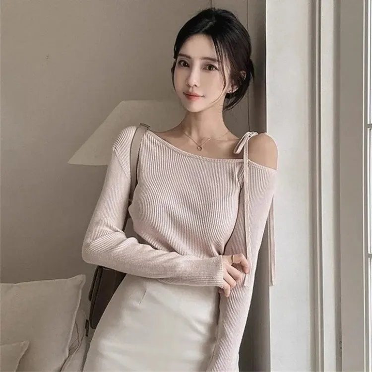 春秋女装气质显身材露肩系带针织衫上衣纯欲风显瘦内搭T恤女