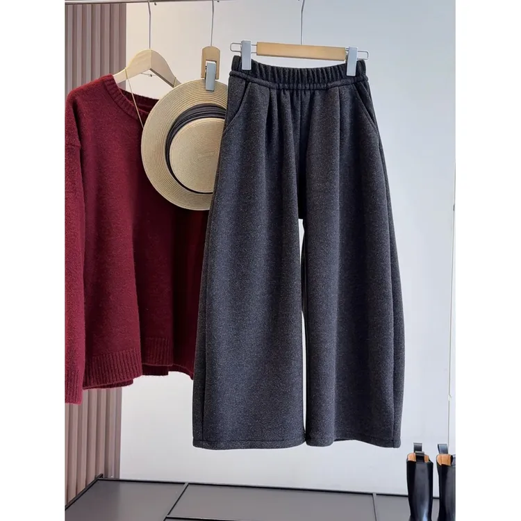 加绒新款毛呢时尚韩系高腰遮肉显瘦百搭八分休闲裤