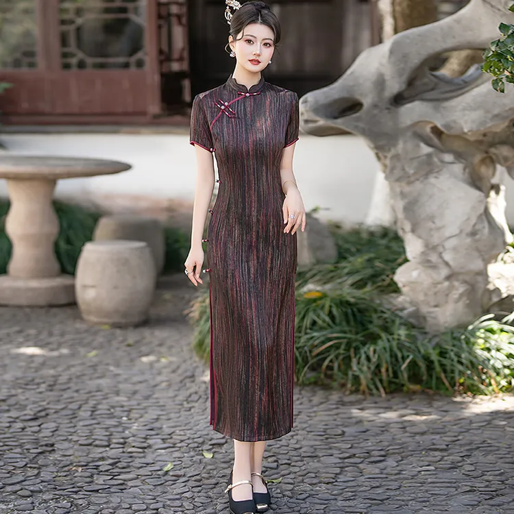 新中式旗袍2025夏季老上海日常可穿气质素雅国风礼服长款条纹裙子