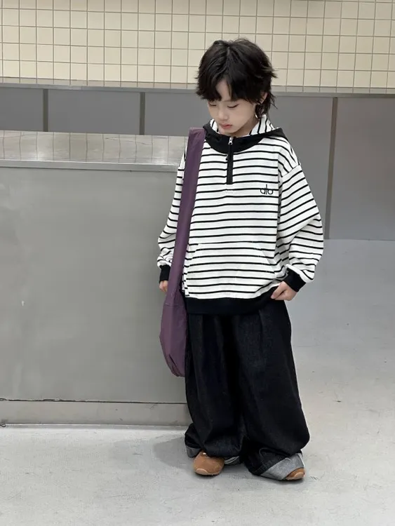 男童帽衫女童卫衣春秋新款连帽长袖男生韩系条纹上衣
