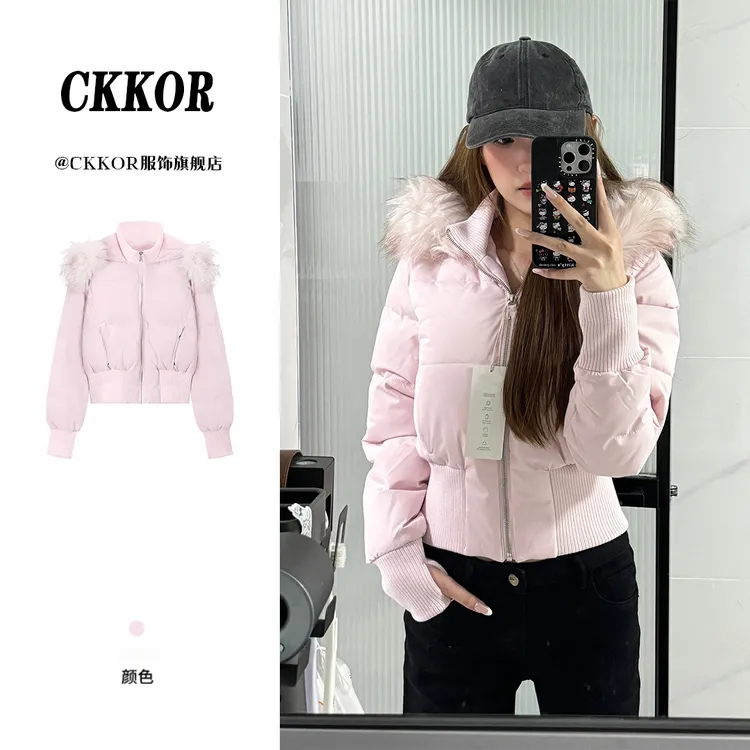 CKKOR冬季新款美式辣妹毛领连帽加厚棉服女甜美收腰显瘦短款棉衣