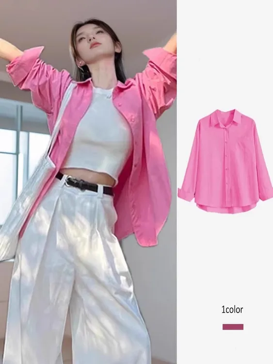 早春季2025新款玫红色长袖衬衫女小众别致今年流行的漂亮小衫上衣