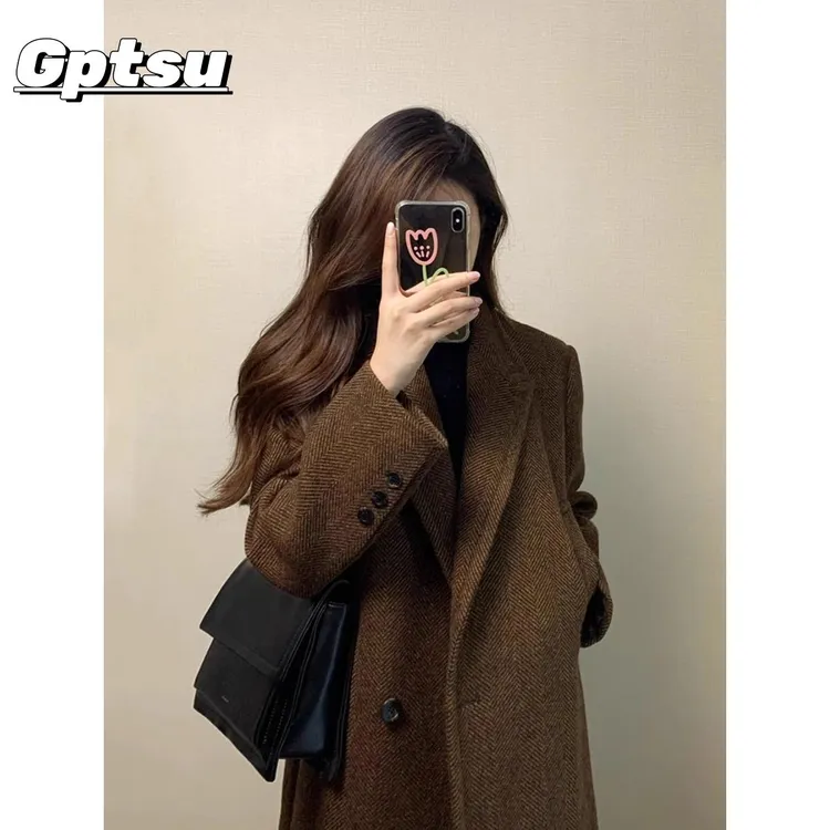 GPTSu格子呢外套女小个子新款秋冬高级感赫本风西装正肩呢子大衣