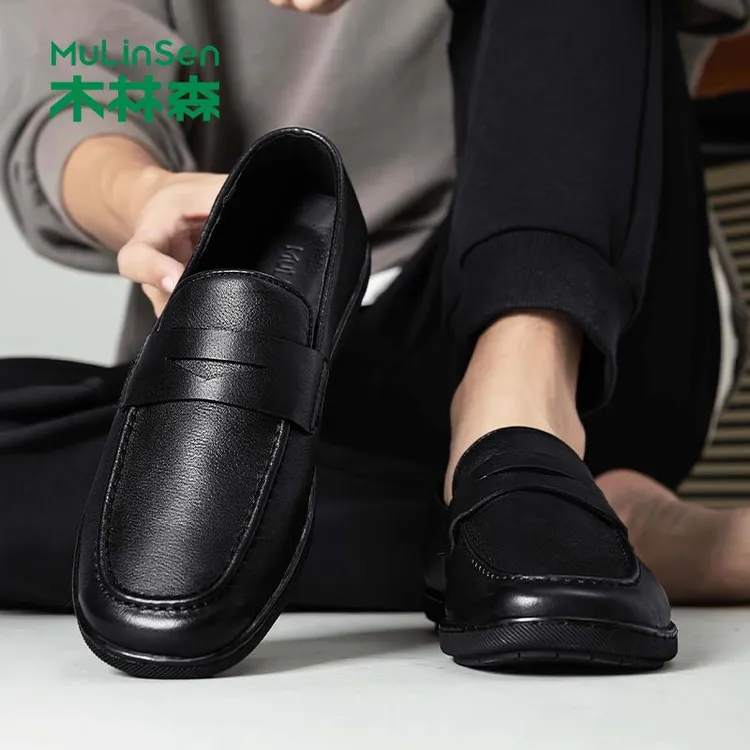 木林森豆豆鞋开车鞋透气休闲鞋黑色男鞋懒人秋季软皮复古潮流软底