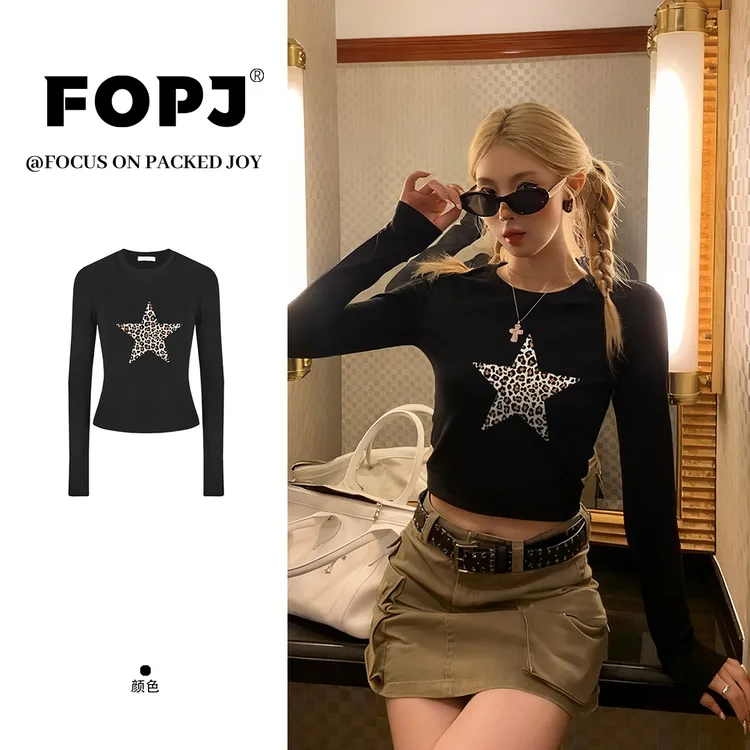 FOPJ美式星星豹纹纯欲风打底衫长袖t恤女设计感修身显瘦辣妹上衣