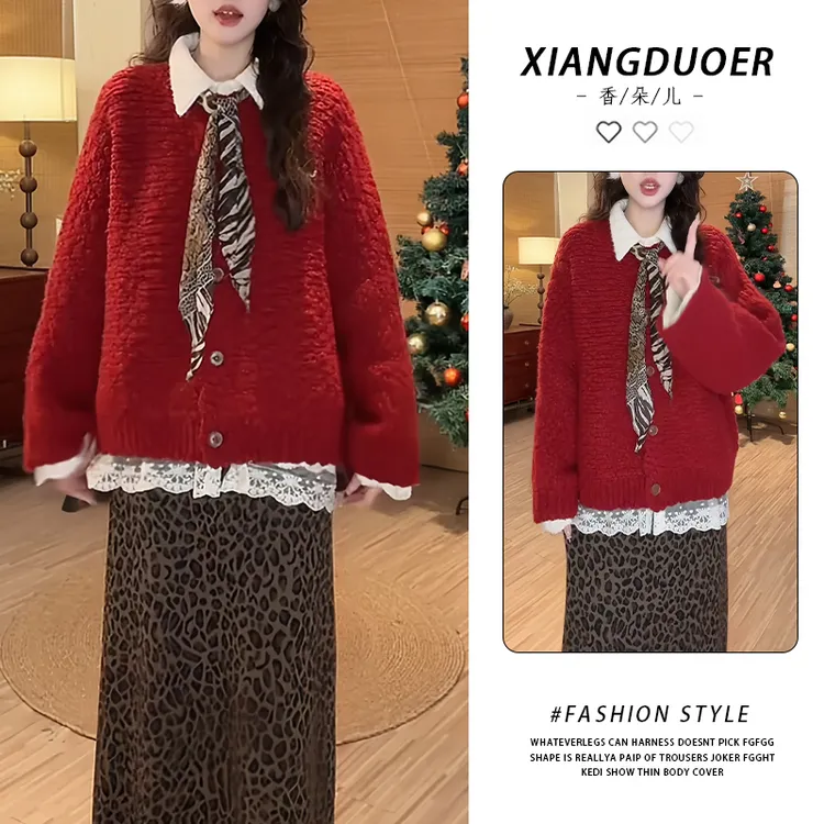 韩系休闲风时尚潮流套装2026年秋冬新款慵懒简约针织衫衬衫两件套