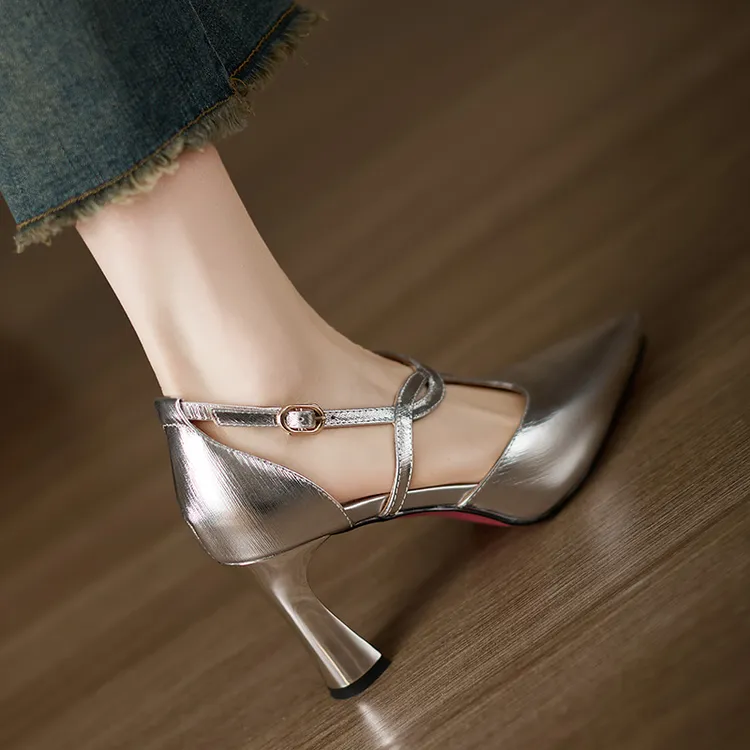 小个子手工女鞋8cm~高级感轻奢高跟鞋气质百搭小众洋气妈妈鞋银色