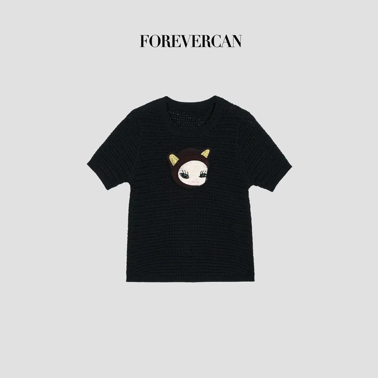 FOREVERCAN“鬼马少女”童趣感动漫钩编针织短袖T恤 MY4686