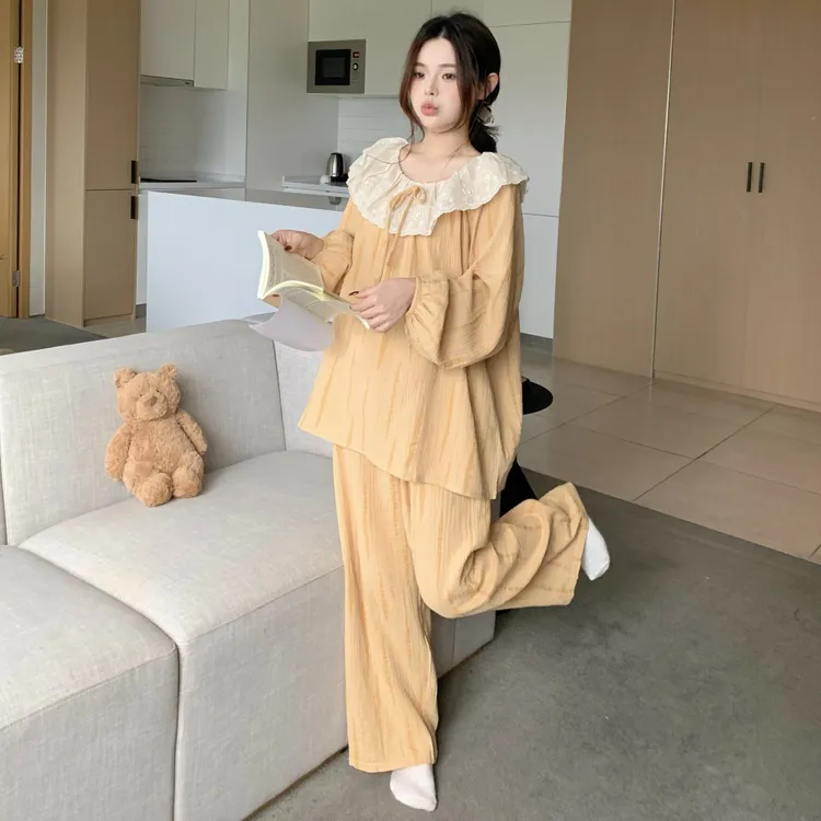 公主风甜美纯棉纱布宽松舒适长袖新款睡衣女春秋季套装外穿家居服