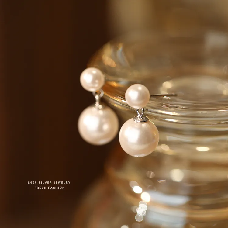 足银耳饰 999足银双珠耳钉女2025新款爆款轻奢气质经典温柔耳饰